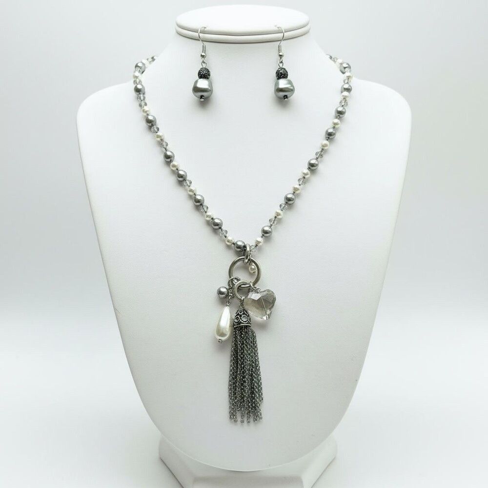 Chicos Vintage Grey Faux Pearl Crystal Heart Chain Tassel Necklace Earrings Set